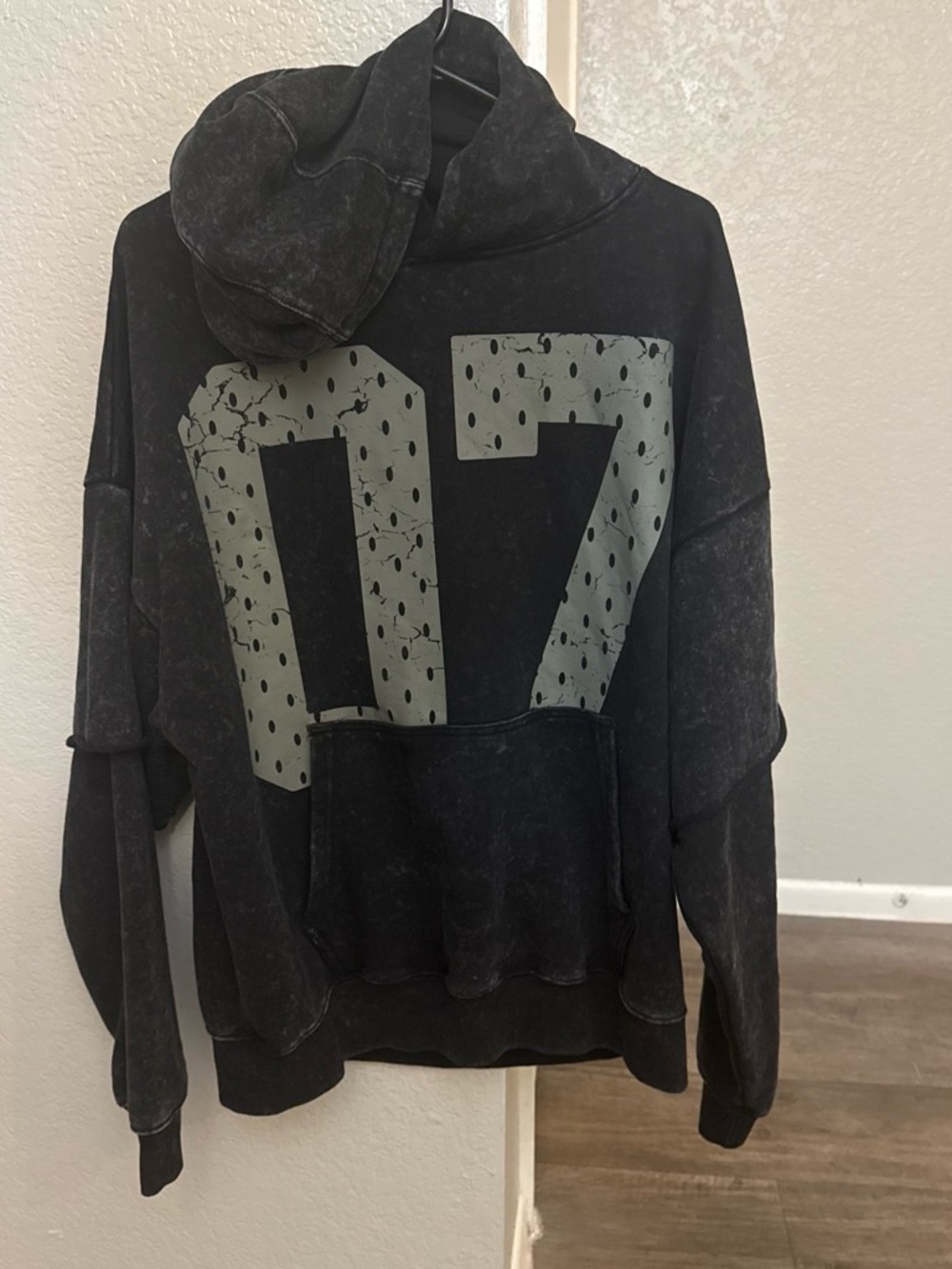 Men's Black Washed Hoodie with Gray '07' Front Print